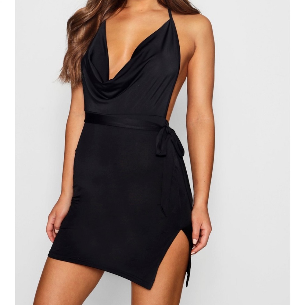Boohoo Cowl Neck Mini Dress with Side Tie | US 0